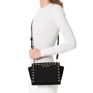 Michael Kors Black Leather Crossbody with Gold Stud Trim